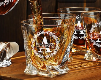 Personalized Twisted Whiskey Glasses Set: Engraved Bourbon Decanter, Groomsmen Gift