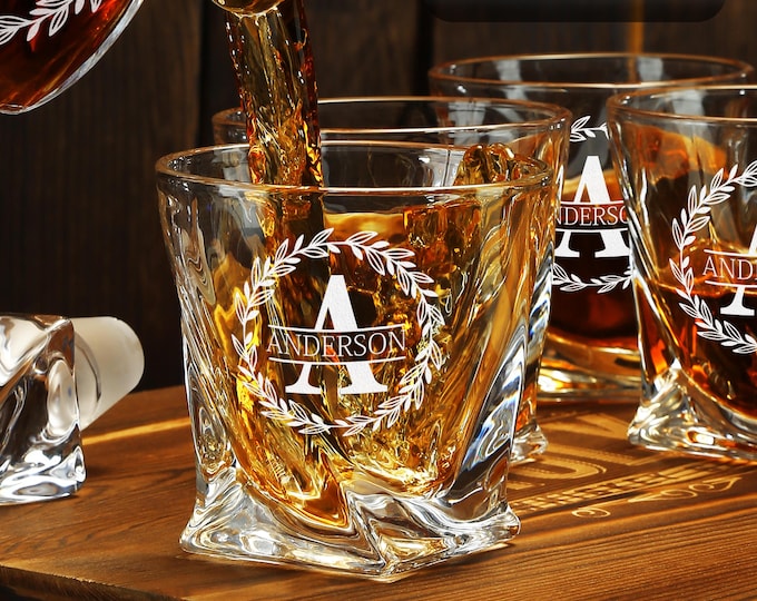 Personalized Whiskey Glasses Set of 6 with Twisted Decanter - Engraved Bourbon Glasses, Groomsmen Gift, Wedding, Home Bar