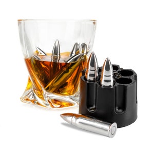 Whiskey XL Bullets Gift Set - 6 XL Stainless Steel Bullet Shaped Whiskey Stones & Realistic Revolver Freezer Base in Premium Gift Box