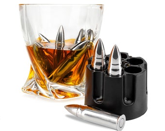 Whiskey XL Bullets Gift Set - 6 XL Stainless Steel Bullet Shaped Whiskey Stones & Realistic Revolver Freezer Base in Premium Gift Box