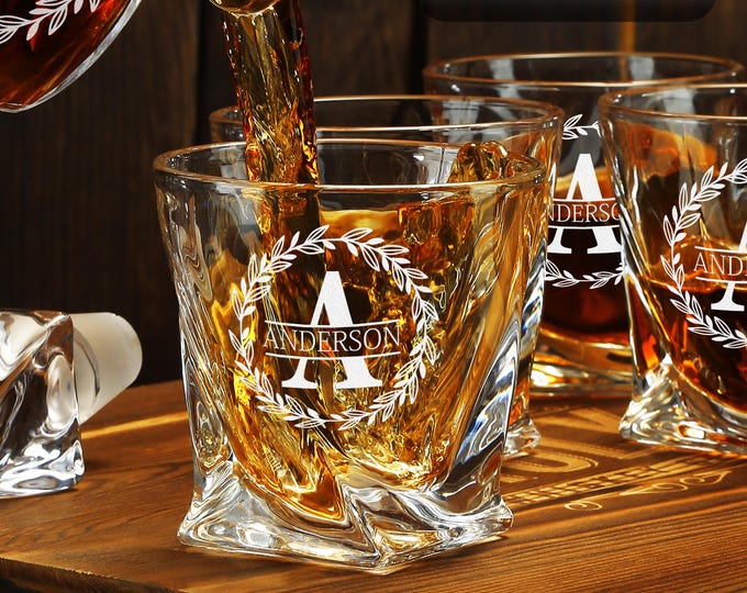 Personalized Whiskey Glasses Set of 4 with Twisted Decanter - Engraved Bourbon Glasses, Groomsmen Gift, Wedding, Home Bar
