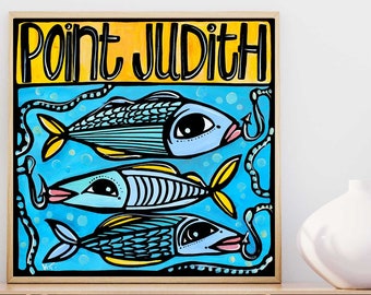 RHODE ISLAND Signierter Kunstdruck: Point Judith, Küstenfisch Kunstwerk, RI Ocean State 12x12, Lustiges und Skurrile Angeln Kunstwerk