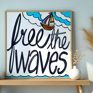Free the Waves Nautical Typography Art Print,  Inspirational Coastal Wall Decor for Beach Lovers, Motivational Ocean Quote