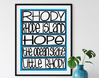 RHODE ISLAND Signed Art Print: Hope Rhody Artwork, Typographic Lettering, RI State, Ocean State, New England Coastal Decor