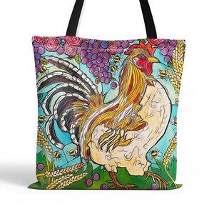 Chicken Shoulder Bag, Colorful Rooster Purse Tote Handbag, Whimsical Beach Bag, Work Bag, Book Bag, Travel Bag, Chicken Lover Gift
