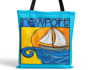 Newport Tote Bag | Rhode Island Nautical Accessories | Sailboat at Sea, New England Bag | Coastal Shoulder Bag, RI Ocean State Bag