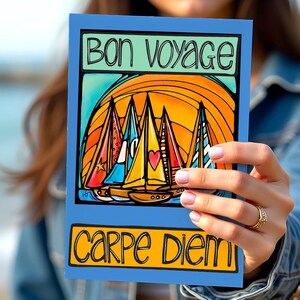 Cartolina nautica colorata - Biglietto di auguri per il buon viaggio con barche a vela, divertente saluto estivo in barca a vela, stampa artistica costiera Carpe Diem, regalo unico