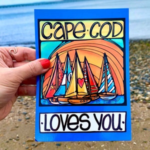 Carte postale cape cod: carte côtière de voilier, carte de vœux MA, Nouvelle-Angleterre, Massachusetts, carte postale océanique d’été, carte de bateaux colorés en mer