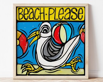 Beach Signed Art Print. Seagull, Colorful Coastal Decor. Beach Artwork. Fun Beach Wall Art. Happy Coastal Print. Whimsical Beach Wall Art.