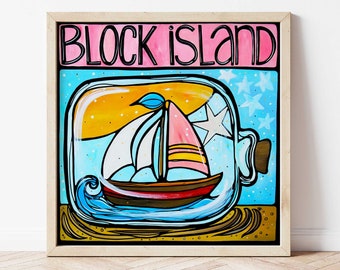 BLOCK ISLAND Signierter Kunstdruck: Schiff in einer Flasche Kunstwerk, Rhode Island RI State, bunte und skurrile Küstenkunst, Happy Nautical Dekor.