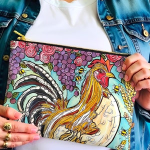 Rooster Zipper Pouch - Colorful Chicken Makeup Bag, French Farmhouse Clutch, Country Gift, Chicken Lover Gift, Rustic Farm Bag