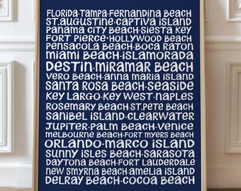Florida Typography Art Print featuring Coastal Town Names, Nautical Decor, Whimsical FL State Wall Art for Beach House or Living Room