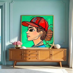 Red Sox Girl Boston Fine Art Print, Colorful Baseball Travel Poster, Unique Wall Art Gift for Massachusetts Fans