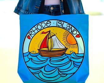 Rhode Island Tote Bag – Whimsical Sailboat Design, Coastal Ocean State Reusable Bag, Perfect for Beach Days, Shopping, or Everyday Use