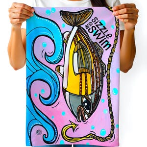 Big Fish Tea Towel – Sizzle and Swim Nautical Kitchen Towel, Bold Colorful Fish Art, Coastal Seafood Decor, Whimsical Beach House Gift