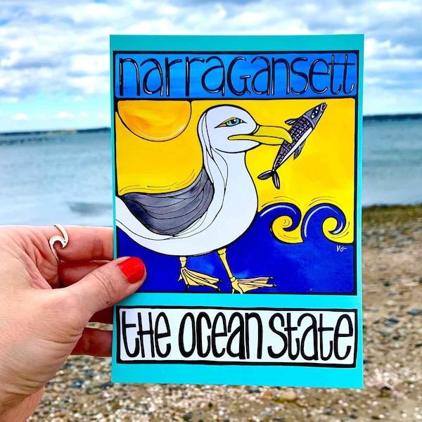 Narragansett Postcard:  Rhode Island Seagull at Sea Card, Ocean State Card, Greeting Card, RI State Coastal Art Stationery