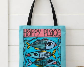 Torba wędkarska Happy Place, płócienna torba wędkarska dla niej, torba plażowa, torba z motywem marynistycznym, kolorowa torba z ilustracją ryb oceanicznych