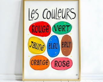 Póster de colores en francés para niños / Descarga digital para aprender francés y educar en casa, Póster de francés escolar / Colores en francés para principiantes