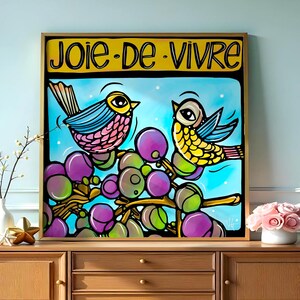 Joie de Vivre Colorful Love Birds and Grapes Art Print - Whimsical French Wall Decor - Unique Gift for Bird Lovers and Home Decoration