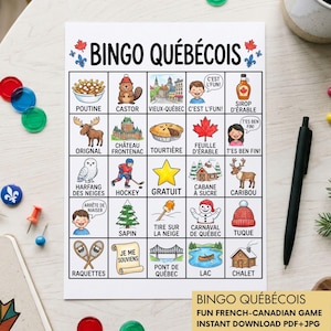 May include: A white Bingo Québécois game card with colorful illustrations and French text. The card features images of poutine, a beaver, maple syrup, and other Quebec-themed icons. The game is designed for fun and educational purposes.