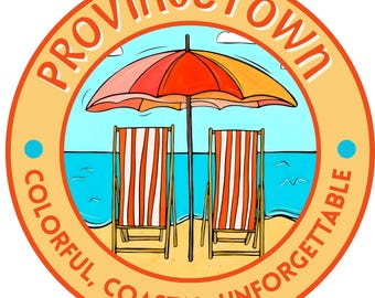 Provincetown Cape Cod Sticker, P-Town Beach Chair Umbrella Design, Cape Cod Coastal Souvenir, Colorful Nautical Gift, New England Travel Art