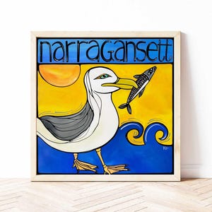 Narragansett RI Kunstdruck, lustige Möwe am Strand, Rhode Island Küstendekor, lustige Strandkunst für Zuhause