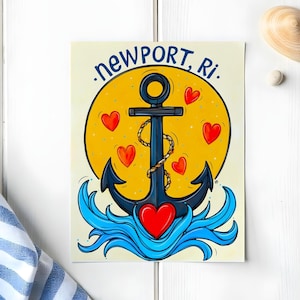 100x120 Kunstdruck Postkarte Newport Rhode Island | Anker & Herz Küstenkunst Karte | Nautical RI State Beach Town Souvenir und Geburtstagsgeschenk