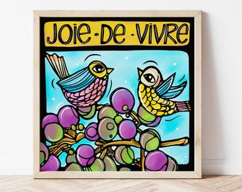 Joie de Vivre Signed Art Print: Love Birds, Colorful and Whimsical French Wall Art, Birds with Grapes Artwork