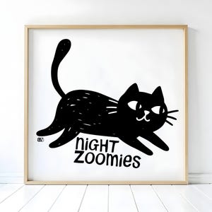Whimsical Black Cat Zoomies Art Print, Nighttime Decor for Cat Lovers, Bold Graphic Cat Illustration - Funny Cat Print for a Playful Touch