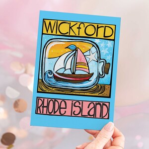 Wickford RI Postcard: Ship in Bottle Coastal Card, Fun Sailboat, Rhode Island State Stationery, Greeting Card, Colorful Nautical Postcard