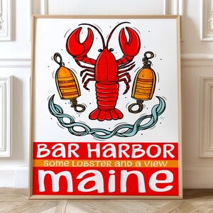 Lámina artística de langosta de Bar Harbor, Maine: decoración de cocina costera, póster de boya náutica, arte mural de Maine, regalo para amantes de la langosta, póster del estado de Maine