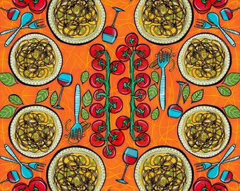 Italian Dinner Tablecloth - spaghetti pasta and red wine, Bright Colors, Colorful Whimsical Kitchen & Table Top Linens 52x52in.