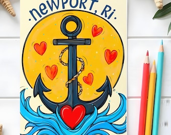 Newport Rhode Island-wenskaart – nautisch anker en hartontwerp – Newport RI Ocean State Souvenir – Coastal RI geïllustreerde uitnodiging