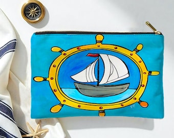 Estuche con cremallera de velero, neceser náutico costero, clutch azul náutico, regalo para amantes del océano, bolso para accesorios marítimos, neceser de viaje costero