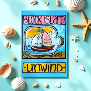Carte postale Block Island RI - voilier fantaisiste dans une bouteille, carte de voeux côtière de Rhode Island pour des notes, des cadeaux ou des objets de collection