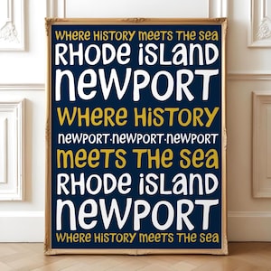 Newport Rhode Island Art Print, Coastal Typography Wall Art, Modern Blue & Gold Poster, Hand-Lettered Design, Perfect Gift for Locals