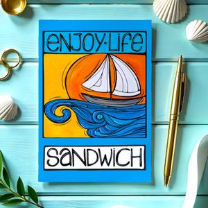 Carte postale Enjoy Life - Conception fantaisiste de voilier, inspirée de Sandwich, MA et Cape Cod, carte de voeux 5 x 7 pour des notes ou des cadeaux du Massachusetts