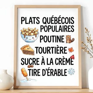 Puede incluir: Un estampado enmarcado con el texto "PLATS QUÉBÉCOIS POPULAIRES" e ilustraciones de platos tradicionales de Quebec, como poutine y tourtière. El estampado está en un marco de madera clara y se exhibe sobre una superficie de madera.