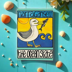 Carte postale Narragansett : carte Rhode Island Seagull at Sea, carte Ocean State, carte de voeux, papeterie artistique côtière de l'État du RI