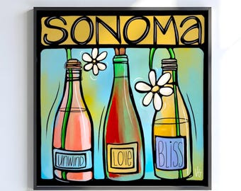 Sonoma California Wine Art Print, Vineyard Kitchen Wall Art, Whimsical Wine Bottle Decor, Gift for Wine Lovers & California Wine Enthusiasts