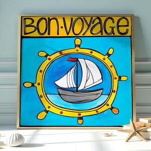 Stampa artistica con timone di barca a vela Bon Voyage - Decorazione nautica costiera colorata e stravagante in blu e giallo - Perfetta per gli amanti della spiaggia!