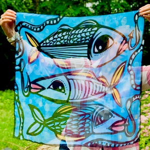 Fish Scarf, Cheerful Blue Sea Sheer Scarf, Fun Fish Light Shawl, Happy Coastal Fashion Accessory, Playful Chiffon Under the Sea Scarf