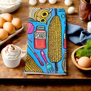 Corn and Owls Dish Towel, Whimsical Kitchen & Table Linens, Picnic Tea Towel with Salt and Pepper Shakers and utensils