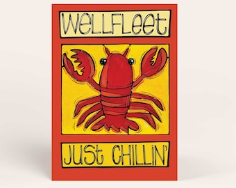 Wellfleet Lobster Postcard: Fun Cape Cod Beach Coastal Card, Greeting Card, Just Chillin, Happy Summer Postcard, Colorful Massachusetts Card