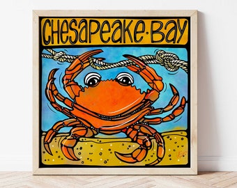 Chesapeake Bay Art Print, Crab Signed Wall Artwork, Beach Art, Maryland & Virginia Art, Seaside Illustration, Sea Creature Beach Home Decor