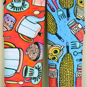 Corn and Owls Dish Towel, Whimsical Kitchen & Table Linens, Picnic Tea Towel with Salt and Pepper Shakers and utensils