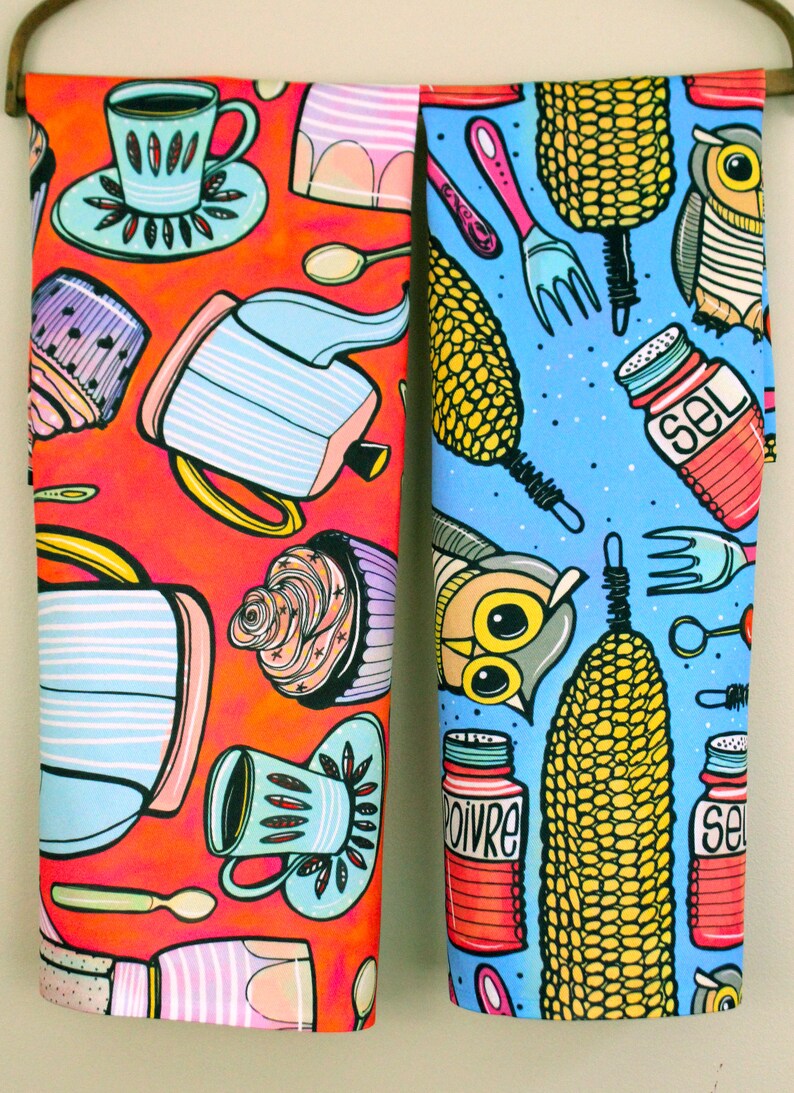 Corn and Owls Dish Towel, Whimsical Kitchen & Table Linens, Picnic Tea Towel with Salt and Pepper Shakers and utensils