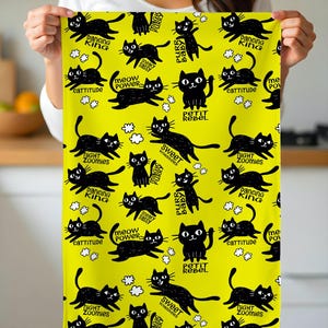 Midnight Cats Tea Towel – Fun Black Cat Kitchen Towel with Whimsical Sayings, Cute Gift for Cat Lovers, Colorful Home Decor