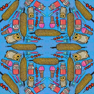 Owls and Corn Tablecloth, Summer Picnic Whimsical and Colorful Blue Kitchen & Table Linens, Fun Dining Room Table Top Decor, 52 x 52in.