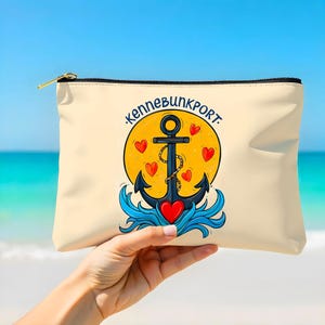 Kennebunkport Maine Pouch – Anchor & Heart Nautical Design, Coastal Makeup Bag, Zipper Pouch Gift, Beach Town Travel Organizer